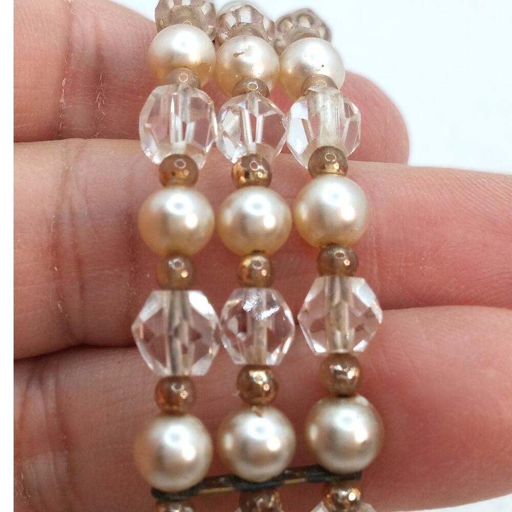 Vintage Faux Pearl Cuff Bracelet Three Strands Flex Fit Crystal Beaded Classic - Picture 4 of 10